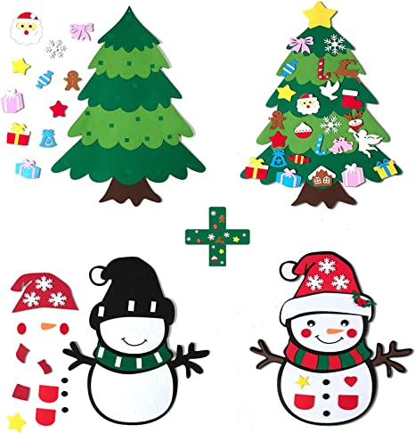 DIY Felt Christmas Tree & Snowman Set - 2 Pack Xmas Gifts for Kids - Wall Hanging Detachable Felt Christmas Tree for Toddlers