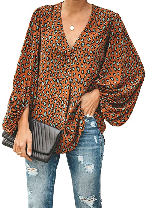 Dokotoo Womens Casual Printed Loose Shirt Balloon Sleeve V-Neck Blouse and Tops