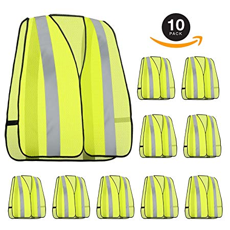 Neiko 53978A High Visibility Mesh Safety Vest 10-Pack, Neon Yellow | 2-Inch Reflective Strip Design, Universal Size