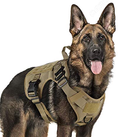 Rabbitgoo Tactical Dog Harness Vest Large with Handle, Military Dog Harness Working Dog Vest with MOLLE & Loop Panels, No-Pull Adjustable Training Vest with Metal Buckles & Leash Clips for Walking, Brown, Medium