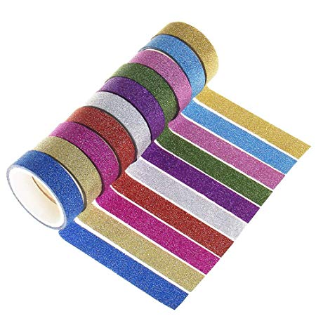 Wode Shop 10 Rolls Glitter Washi Paper Tape, Crafting Sticky Tapes Decorative Masking Adhesive Tape Label for DIY Crafts and Gift, 3 M