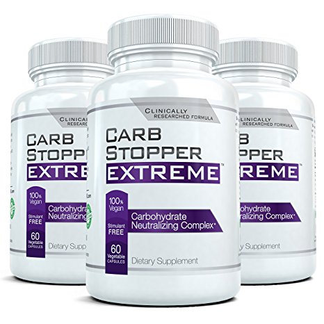 CARB STOPPER EXTREME (3 Bottles) - Maximum Strength Carbohydrate & Starch Blocker Weight Loss Supplement with White Kidney Bean Extract