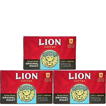 Lion Coffee Original Roast, Single-Serve Coffee Pods - 12 Count Box (Pack of Three)