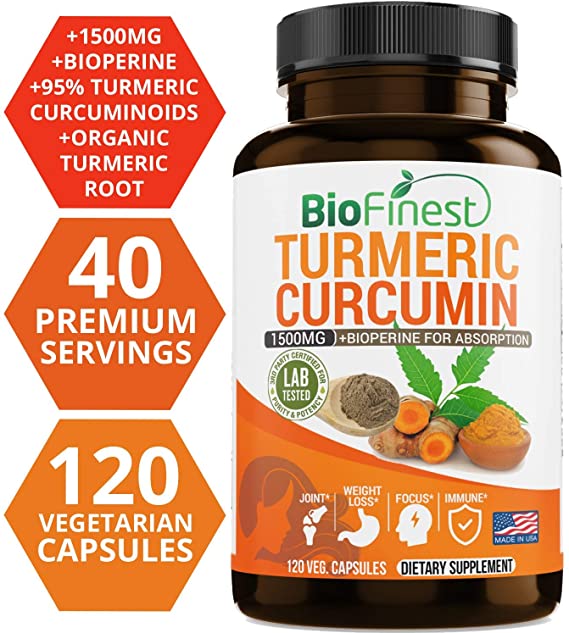 Biofinest Turmeric Curcumin - 1500mg with Bioperine Black Pepper - Made in USA - for Weight Management, Joints Support and Mobility with 95% Standardized Curcuminoids (120 Vegetarian Capsules)