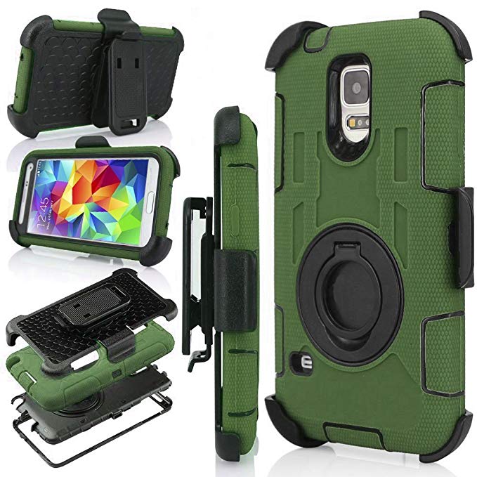 S5 Case, Galaxy S5 Holster case, J.west Hybrid Dual Layer Combo Armor Defender Protective Case with Kickstand   Belt Clip Holster for Samsung Galaxy S5 - Army Green