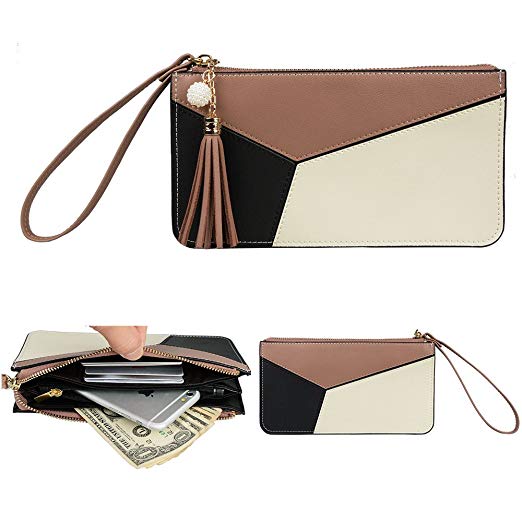 Befen Soft Leather Wristlet Phone Wristlet Wallet Clutch Tassels Wristlet/Wrist Strap/Card Slots/Cash Pocket - Khaki Mix