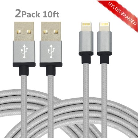 iPhone Lightning Cable 2Pack 10ft Nylon Braided USB Sync/Charger Cord with Aluminum Connector for iPhone 6S,6S Plus,6,6 Plus,5,5s,5c,iPod 7,iPad Pro,iPad Mini (10ft grey)