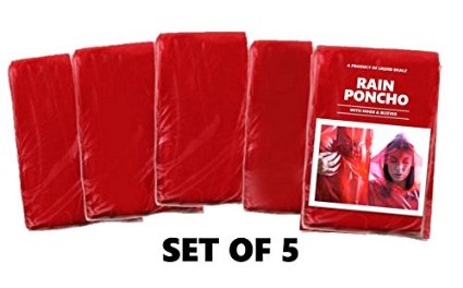 Disposable Rain Ponchos for Men and Women - 5 Pack of Red, One Size Fits All Hooded Emergency Rain-Gear (50" X 40") - Conveniently Compact & Lightweight - Waterproof & Sturdy Build