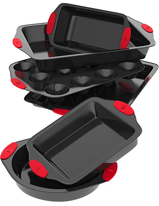 Vremi 6 Piece Nonstick Bakeware Set - Baking Sheet with Cake Loaf and Muffin Pans and Square Baking Pan - also has Large Roasting Pan - Non Stick Carbon Steel Metal Bakeware with Red Silicone Handles