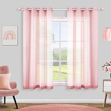 KOUFALL Blush Pink Curtains 45 Inch Length for Bathroom Window 2 Panels Grommet Small Semi Sheer Voile Nude Short Curtains for Kitchen Girls Room Kids Bedroom Nursery 52x45 Inches Long