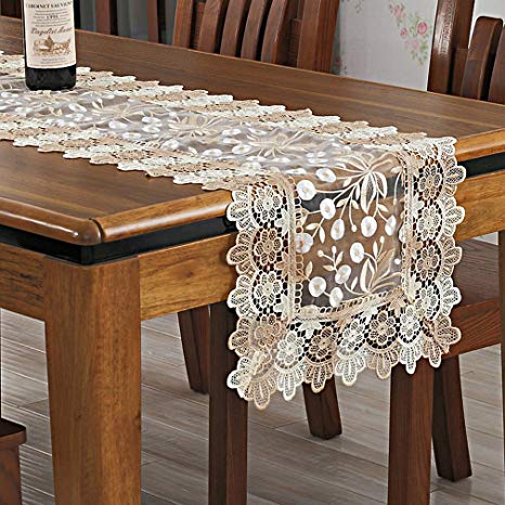 Embroidered Floral Elegant Beige Lace Table Runner Thanksgiving Gift ,16 by 90 inch, Beige