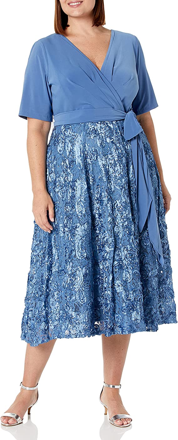 Alex Evenings Women's Plus Size Tea Length Dress with Rosette Detail