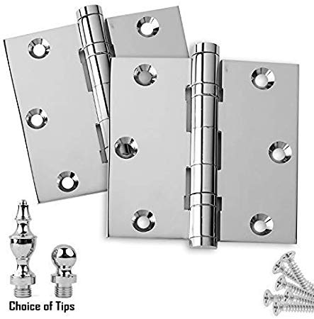 2 PK - Door Hinges 3.5" x 3.5" Extruded Solid Brass Ball Bearing Hinge Heavy Duty Polished Chrome (US26) Stainless Steel Pin, Architectural Grade, Ball/Urn/Button Tips Included