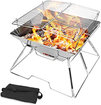 Odoland Collapsible Campfire Grill Camping Fire Pit, 304 Stainless Steel Grill Gate, Heavy Duty Portable Camping Grill with Carrying Bag