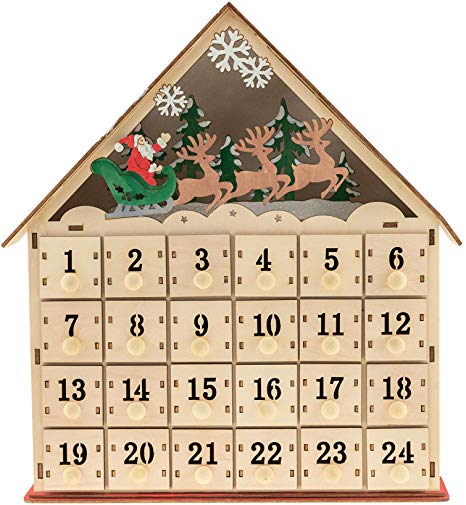 Clever Creations Traditional LED Wooden Advent Calendar Decoration | Festive Christmas Design with 24 Drawers | LED Christmas Lights, Santa, and Reindeer Photo | Battery Operated