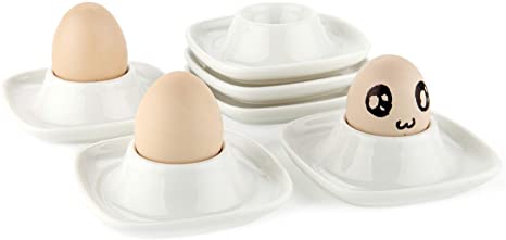 ComSaf Egg Cups Holders with Base Set of 6, Porcelain Eggs Cup Plates White for Soft Hard Boiled Eggs Small Ceramic Egg Stands Saucers Breakfast Serving Cups for Children