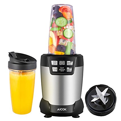 Blender, Aicok 1200W Smoothie Maker with 1L and 800mL BPA Free Tritan Bottles, Auto Pulse 2 Smart Modes, 6-Fin Blade Assembly and Digital Timer