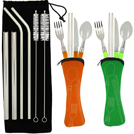 Reusable Tableware Set with Stainless Steel Straws, TIMGOU 2 Flatware Sets with Carry Case, Knife, Fork, Spoon, Chopstick, and 4 Metal Drinking Straws with Brush for 20oz 30oz Tumbler (Green, Orange)