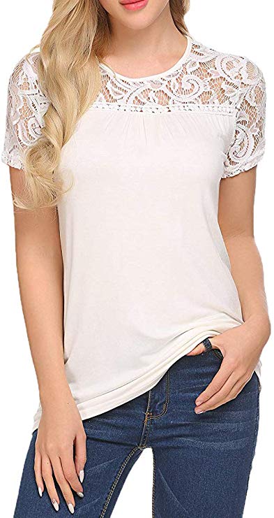 Bluetime Womens Casual Tops Lace Hollow Summer Tunic Top Loose Blouse Shirts