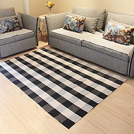 Winwinplus 100% Cotton Plaid Rugs Black/White Hand-woven Checkered Carpet Washable Rag Throw Rugs,23.6''x70.8''