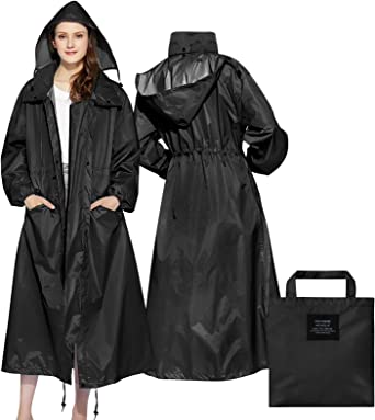 Womens Long Raincoats Rain Jacket Waterproof Packable Outdoor Hooded Windbreaker Lightweight Adjustable Waist for Outdoors