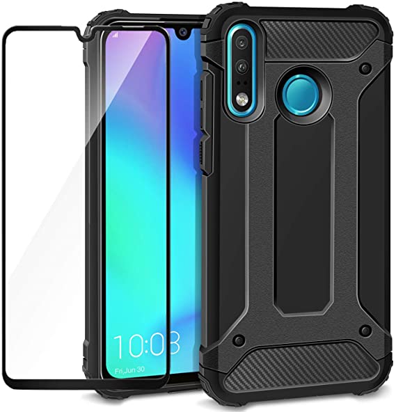KZIOACSH Tough Armor Case for Huawei P30 Lite,Dual Layer TPU   PC Rugged Cover Case with Black Tempered Glass Screen Protector for Huawei P30 Lite [ Air Bounce Technology]