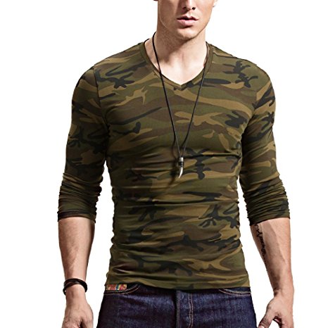 XShing Mens Long Sleeve Camo T Shirts Casual Fitness Cotton Stretch Shirts