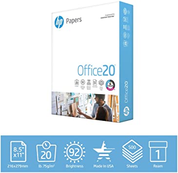 HP Printer Paper 8.5x11 Office 20 lb 1 Ream 500 Sheets 92 Bright Made in USA FSC Certified Copy Paper HP Compatible 172160R