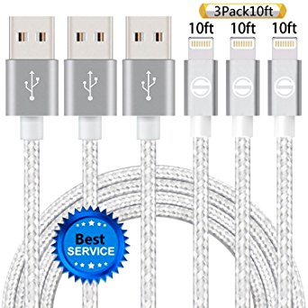 iPhone Cable SGIN,3Pack 10FT Nylon Braided Cord Lightning Cable Certified to USB Charging Charger for iPhone 7,7 Plus,6S,6 Plus,SE,5S,5,iPad,iPod Nano 7 - Silver Grey