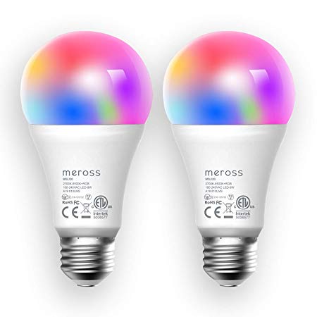 meross Smart Wi-Fi LED Bulb, Multiple Colors, RGB, 800 Lumens 60W Equivalent, Compatible with Alexa, Google Assistant and IFTTT, E26 A19 Light Bulb, No Hub Required - Upgrade Versions (2 Pack)