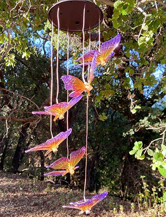 LINGBUSINESS Butterfly Solar Wind Chimes Outdoor Color Changing Waterproof Wind Mobile Bell Spiral Spinner Indoor Yard Garden Patio Decor Home Party Festival Decorative Light, Purple Yellow Butterfly