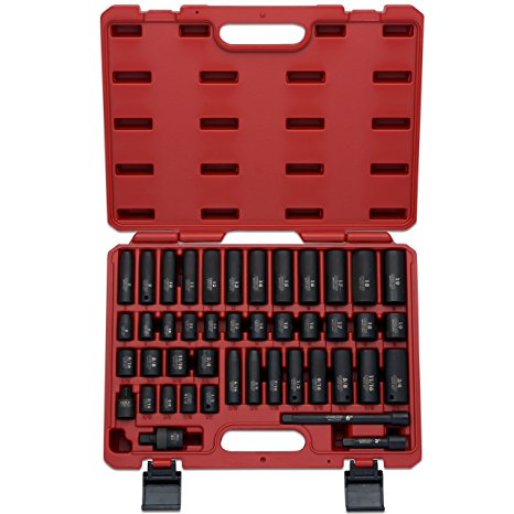 Neiko 02440A 3/8 Inch Drive Impact Socket Set, CR-V Steel, SAE & Metric | 44-Piece Assortment