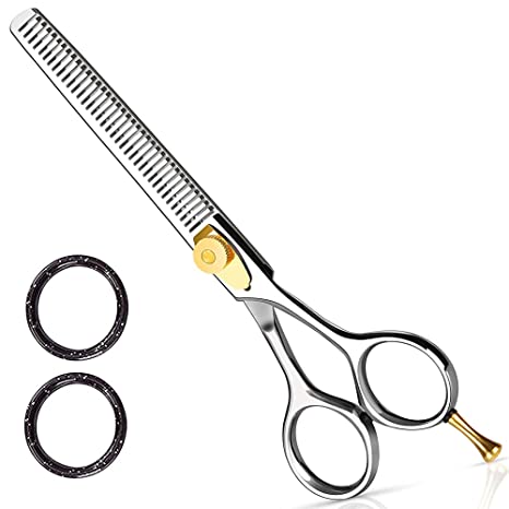 6.5" Professional Barber Thinning/Texturing Scissors - Comfort Grip Triple Ring with Adjustable Tension and Finger Inserts - Professional Grade Texturizing Scissors - by Utopia Care