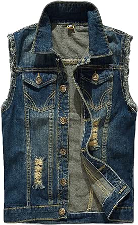 Men's Sleeveless Denim Vest Casual Slim Fit Ripped Classic Button Down Jean Jacket