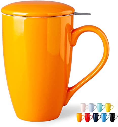 AmorArc Ceramic Tea Mug,17Oz Tea Cup with Infuser and Lid, Tea Strainer Cups with Tea Bag Holder for Loose Leaf Tea, Tea Steeping Mug for Tea/Coffee/Milk, Suitable for Personal Use or Gifts-Orange