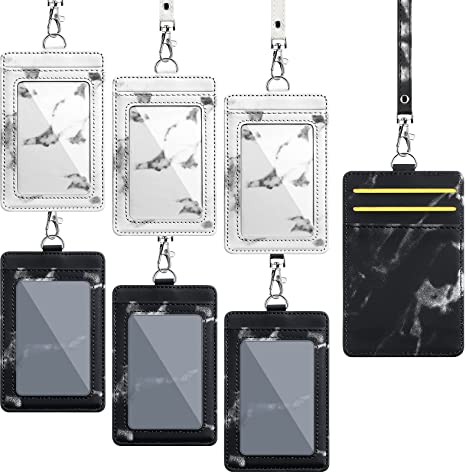 6 Pieces Marble Pattern Badge Holder Card Holder with Neck Lanyard Wallet Case Card Pouch for Women and Men ID Badge Holder PU Leather for Badge Credit Cards College ID Cards (Classic Color)