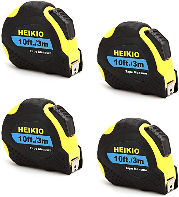 HEIKIO 4-Pack Tape Measure, 10 Feet (3 Meters) Metric and Inches Scale, Self-lock Design, Double Release Button to Retract - Portable Measuring Tape with Belt Clip