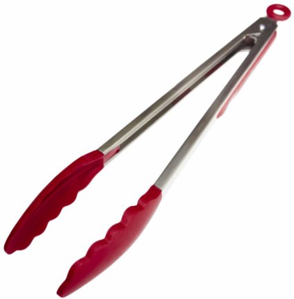StarPack Premium Silicone Kitchen Tongs 12-Inch Non-Stick Friendly Bonus 101 Cooking Tips Cherry Red