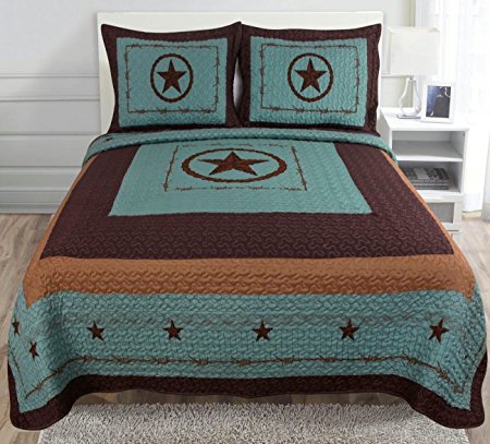 3-piece Western Lone Star Barb Wire Cabin / Lodge Quilt Bedspread Coverlet Set Turquoise (Queen)
