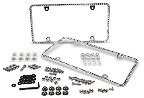 Cruizin Along Metal Crystal Bling License Plate Frames with Fastener Caps and Mounting Hardware - 2 PC Value Pack