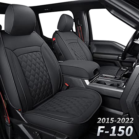 LUCKYMAN CLUB S07-Q2 Waterproof Faux Leather Seat Covers, Fit for 2015-2022 F150 Crew Cab, and 2017-2022 F250 F350 Crew Cab with Center Console Cover(Front Set, Black 2pcs)