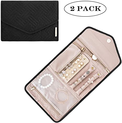 BAGSMART Travel Jewelry Organizer Roll Foldable Jewelry Case for Journey-Rings, Necklaces, Bracelets, Earrings (Small - 2 Pack, Black)