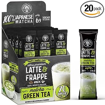 Frozen Bean Latte Frappe Mix - 1 Box, 20 Single Serve Packets - Low Sugar Instant Flavored Coffee for Hot, Iced, or Frappuccino Blended Beverage - Coffee House Quality at Lower Cost (Matcha Green Tea)