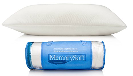 Premium Memory Foam Pillow By MemorySoft, Shredded Memory Foam With Thin Memory Foam Shell - Hypoallergenic Cool Bamboo Case