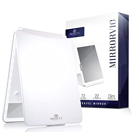 Mirrorvio | LED Travel Mirror Makeup Lighted Vanity 72 LEDs 3 Colors Lighting Modes Rechargable Foldable Ultra Thin Warm Soft Day Light Portable Touch Control Design Compact High Definition Cosmetic