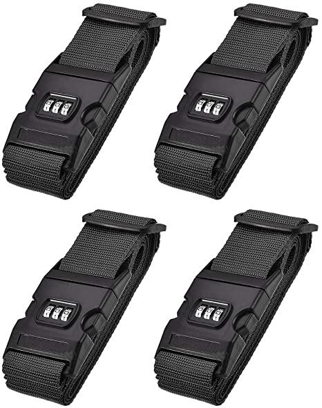 uxcell Luggage Straps Suitcase Belts with Buckle, Combination Lock, 2Mx5cm Adjustable PP Travel Packing Accessories, Black 4Pcs