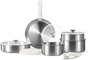 CAROTE 10pcs Pots and Pans Set, Stainless Steel Cookware Set Detachable Handle, Induction Kitchen Cookware Sets with Removable Handle, RV Cookware Set, Oven Safe, Camping Cookware