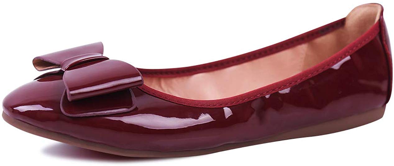 Womens Leather Ballet Flat Ladies Casual Foldable Bow Slip On Ballet Flats Comfortable Round Toe Loafers