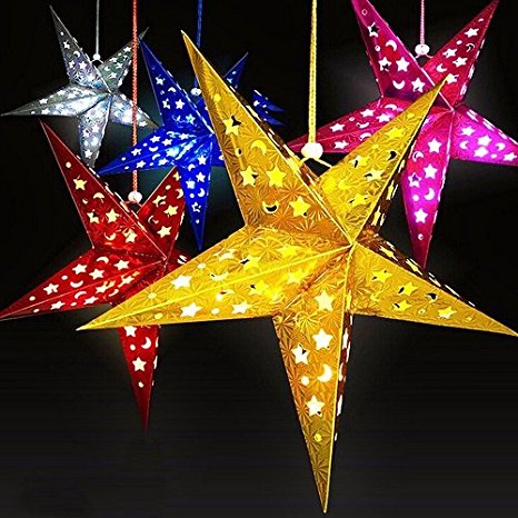 SOKATON Paper Star Lantern 3D Pentagram Lampshade for Christmas Xmas Party Holloween Birthday Home Hanging Decorations Colorful 10 Inch 6PCS (Lights Not Included)