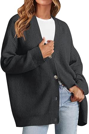 MEROKEETY Women's Cardigan Sweaters 2024 Fall Open Front Oversized Button V Neck Loose Soft Knit Outwear